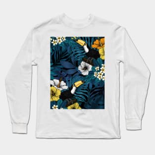 Toucans amd tropical flora, blue , yellow , orange and white Long Sleeve T-Shirt